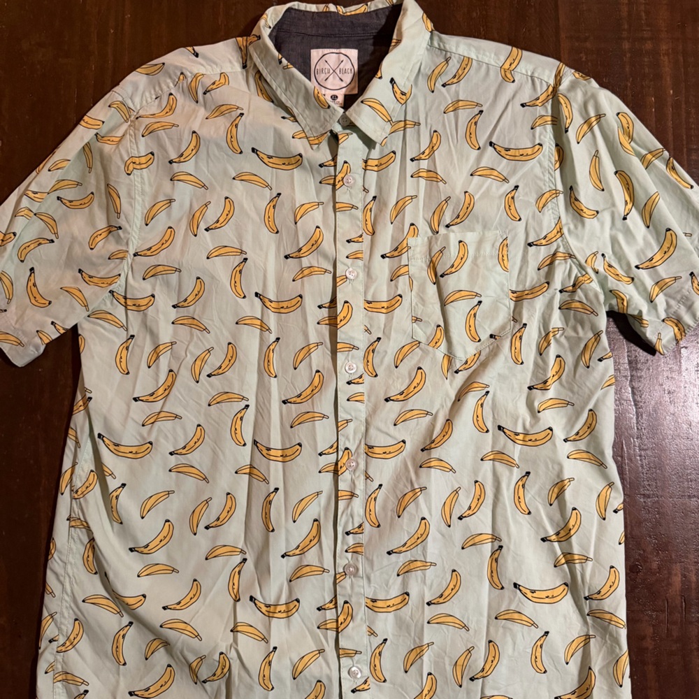Birch Black Banana Print Button-Up Shirt in Light Minty Baby Blue - XL